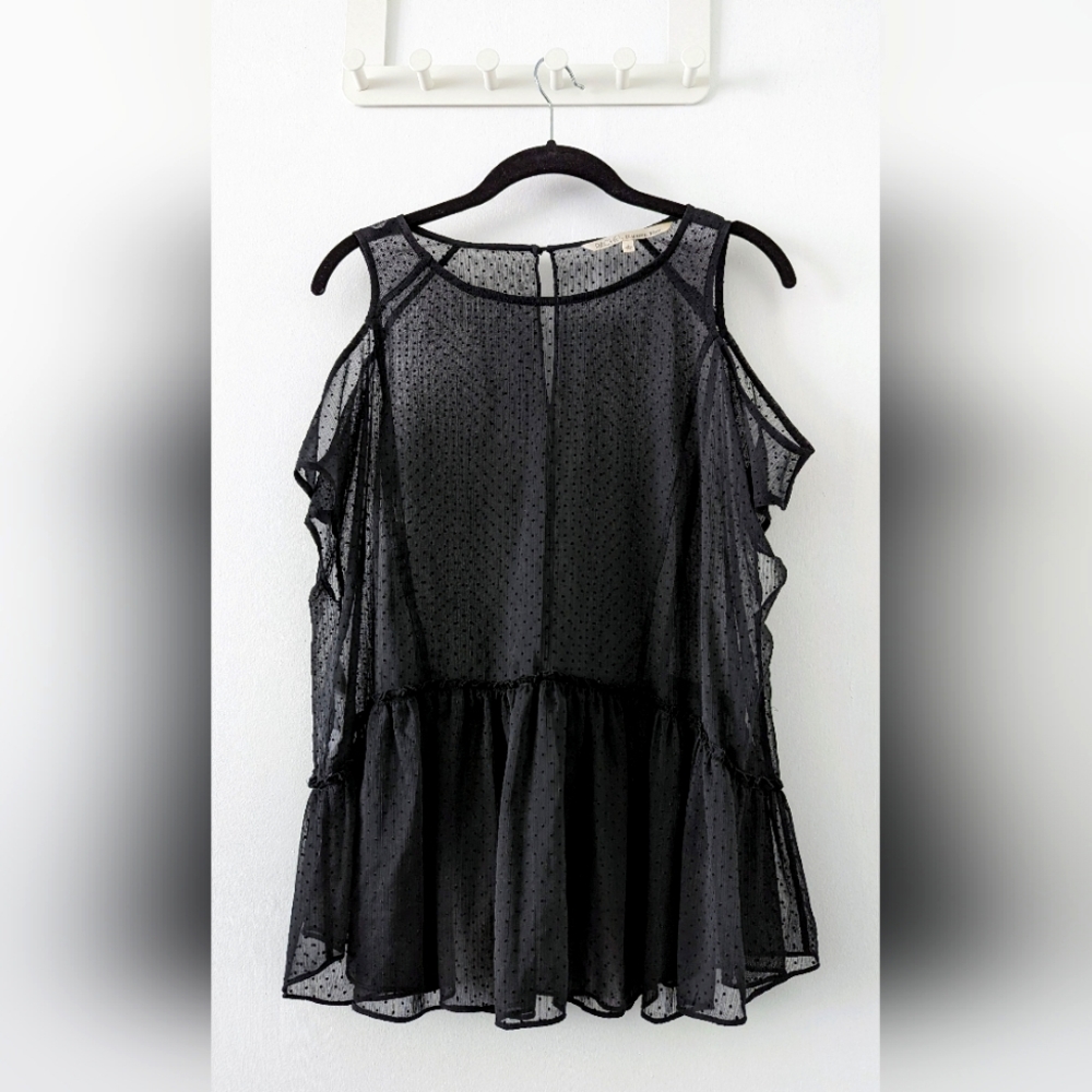 Rachel Roy Black Sheer Peplum Shoulder Cut-out Short-Sleeve Top Sz Large